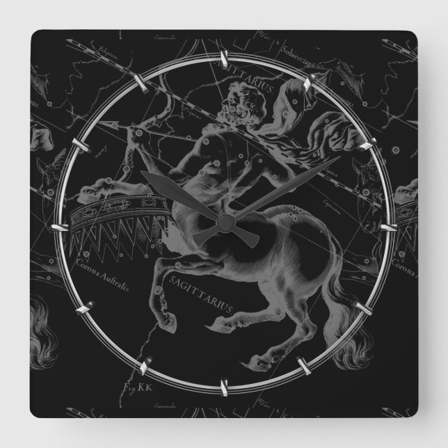 Sagittarius Constellation Hevelius Map on Black Square Wall Clock (Front)