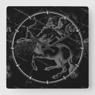 Sagittarius Constellation Hevelius Map on Black Square Wall Clock