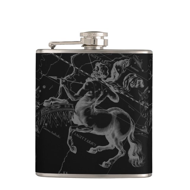Sagittarius Constellation Map by Hevelius on Black Hip Flask (Front)