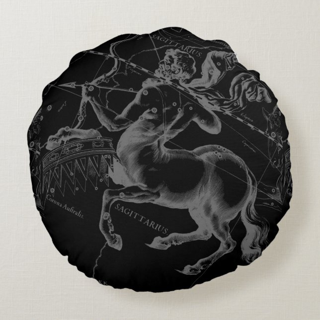 Sagittarius Constellation Map by Hevelius on Black Round Pillow (Back)