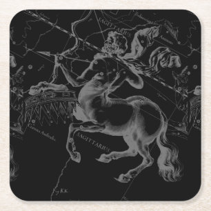 Sagittarius Constellation Map by Hevelius on Black Square Paper Coaster