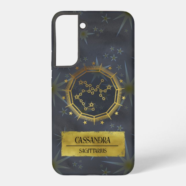 Sagittarius Dark Zodiac Astrology: Black & Gold Samsung Galaxy S22+ Case (Back)