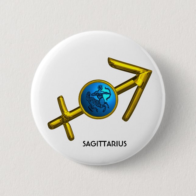 SAGITTARIUS,GOLD BLUE ZODIAC BIRTHDAY SIGN 2 INCH ROUND BUTTON (Front)