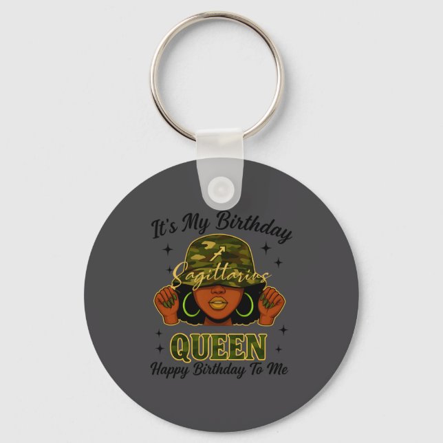 Sagittarius Queen Black Woman With Cap Camo It's M Keychain (Front)