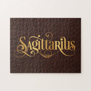 Sagittarius Swirly Script Gold on Leather Jigsaw Puzzle