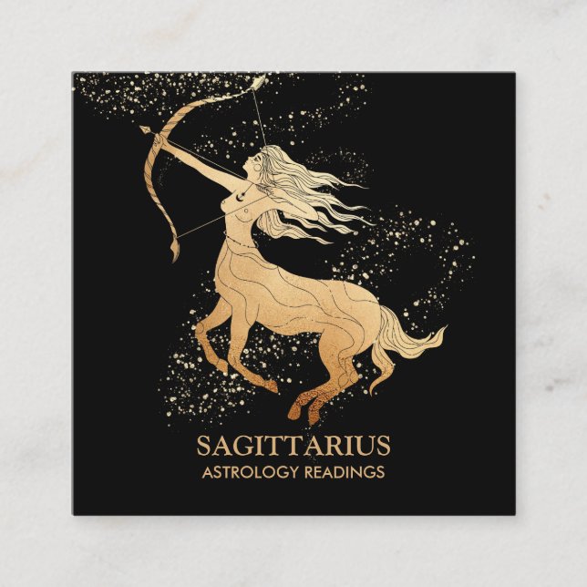*~* SAGITTARIUS Zodiac Astrology Readings on Black Square Business Card (Front)