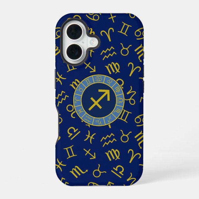 Sagittarius Zodiac+Astrology Symbols Ptn Gld+Blues iPhone 16 Case (Back)