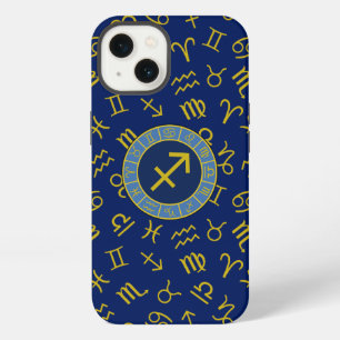 Sagittarius Zodiac+Astrology Symbols Ptn Gld+Blues iPhone 13 Case
