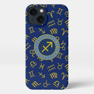Sagittarius Zodiac+Astrology Symbols Ptn Gld+Blues iPhone 13 Case