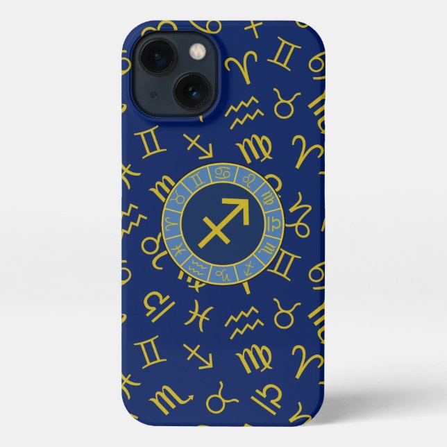 Sagittarius Zodiac+Astrology Symbols Ptn Gld+Blues iPhone Case (Back)