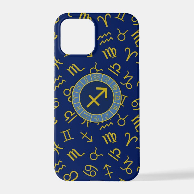 Sagittarius Zodiac+Astrology Symbols Ptn Gld+Blues iPhone Case (Back)