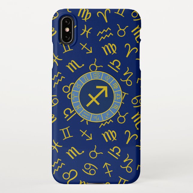 Sagittarius Zodiac+Astrology Symbols Ptn Gld+Blues iPhone Case (Back)