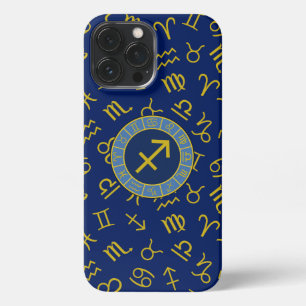Sagittarius Zodiac+Astrology Symbols Ptn Gld+Blues iPhone 13 Pro Max Case