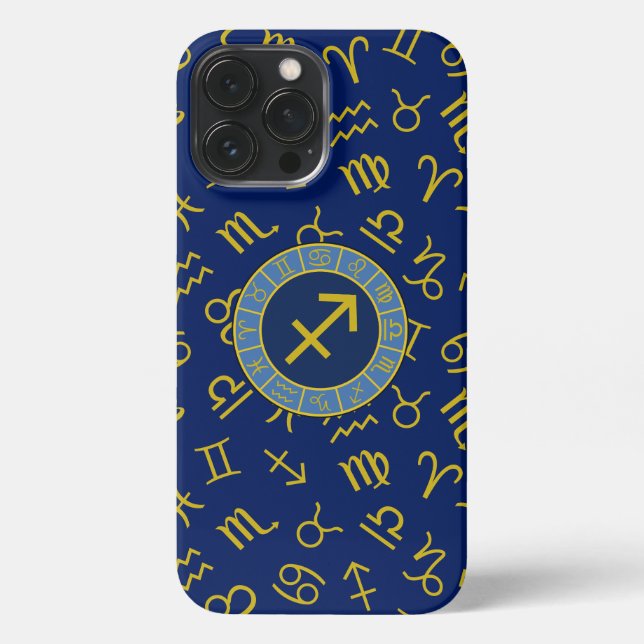 Sagittarius Zodiac+Astrology Symbols Ptn Gld+Blues iPhone Case (Back)