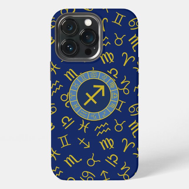 Sagittarius Zodiac+Astrology Symbols Ptn Gld+Blues iPhone Case (Back)