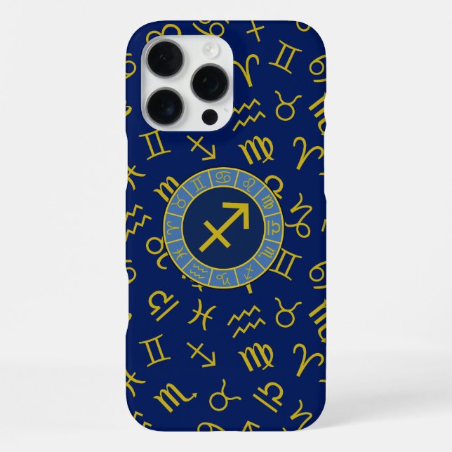 Sagittarius Zodiac+Astrology Symbols Ptn Gld+Blues iPhone Case (Back)