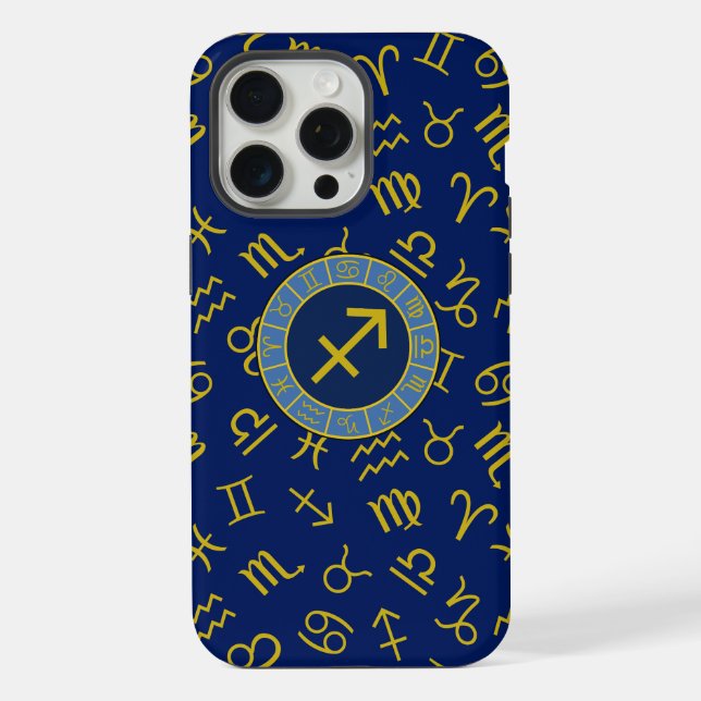 Sagittarius Zodiac+Astrology Symbols Ptn Gld+Blues iPhone Case (Back)