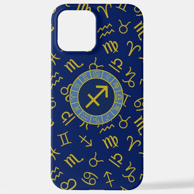 Sagittarius Zodiac+Astrology Symbols Ptn Gld+Blues iPhone Case (Back)