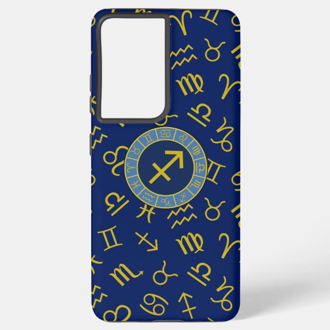 Sagittarius Zodiac+Astrology Symbols Ptn Gld+Blues Samsung Galaxy S21+ Case (Back)