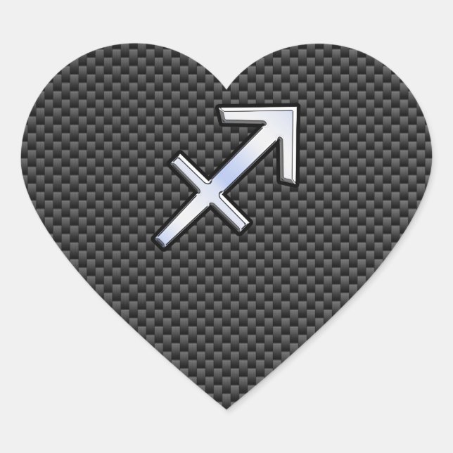 Sagittarius Zodiac Sign Black Carbon Fibre Style Heart Sticker (Front)