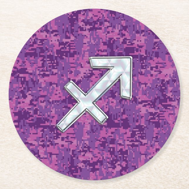 Sagittarius Zodiac Sign Fuchsia Digital Camouflage Round Paper Coaster (Front)