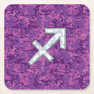 Sagittarius Zodiac Sign Fuchsia Digital Camouflage Square Paper Coaster