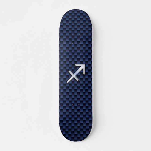 Sagittarius Zodiac Sign on Blue Carbon Fiber Style Skateboard (Front)