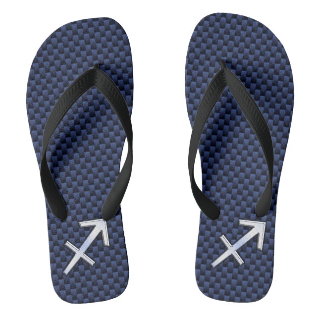 Sagittarius Zodiac Sign on Navy Carbon Fibre Print Flip Flops (Footbed)