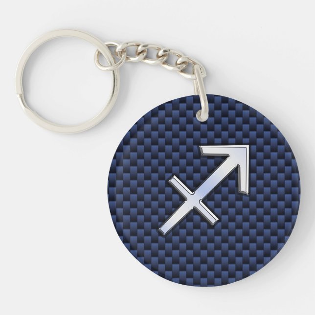 Sagittarius Zodiac Sign on Navy Carbon Fibre Print Keychain (Front)