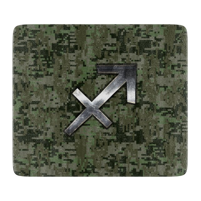 Sagittarius Zodiac Sign on Woodland Digital Camo Cutting Board (Front)
