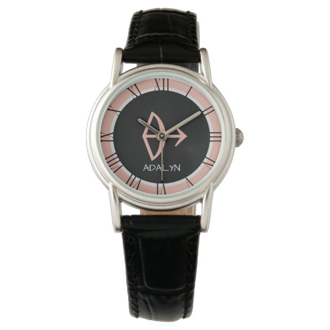 Sagittarius Zodiac Sign Rose Pink Grey Custom Name Watch (Front)