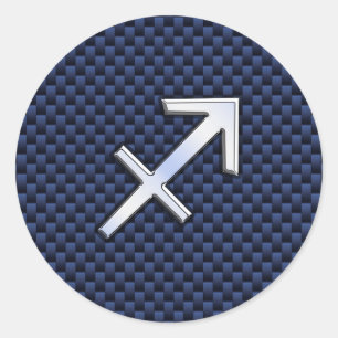 Sagittarius Zodiac Symbol Blue Carbon Fibre Print Classic Round Sticker