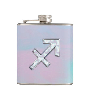 Sagittarius Zodiac Symbol Mother of Pearl Style Hip Flask