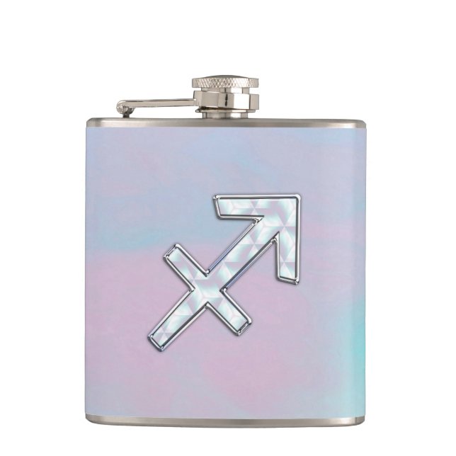 Sagittarius Zodiac Symbol Mother of Pearl Style Hip Flask (Front)