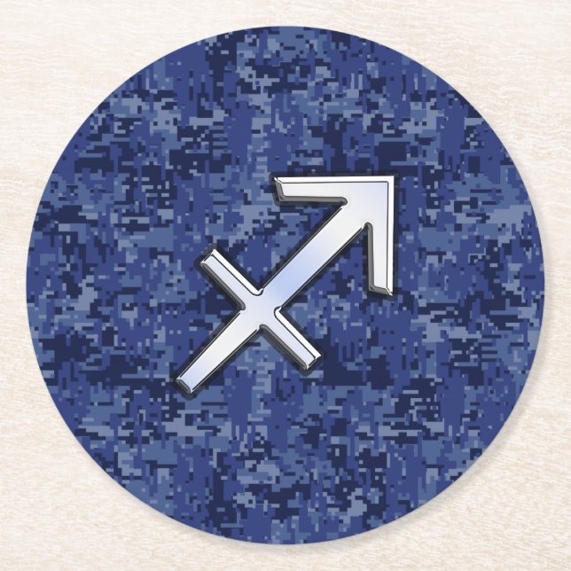 Sagittarius Zodiac Symbol NavyDigital Camouflage Round Paper Coaster (Front)