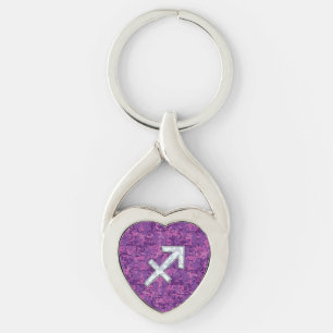 Sagittarius Zodiac Symbol on Fuchsia Digital Camo Keychain
