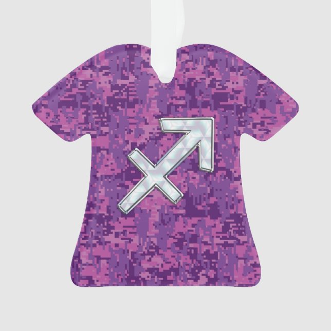 Sagittarius Zodiac Symbol on Fuchsia Digital Camo Ornament (Front)