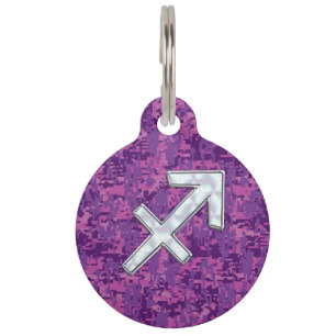 Sagittarius Zodiac Symbol on Fuchsia Digital Camo Pet Tag