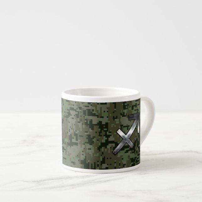 Sagittarius Zodiac Symbol on Woodland Digital Camo Espresso Cup (Front Right)