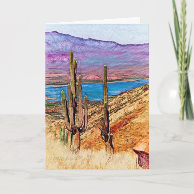 Saguaro Cacti Blue Lake Purple Mountains Arizona Card (Front)