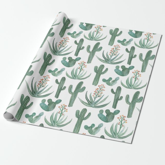 Saguaro Cactus and Desert Aloe Plants on white Wrapping Paper (Unrolled)