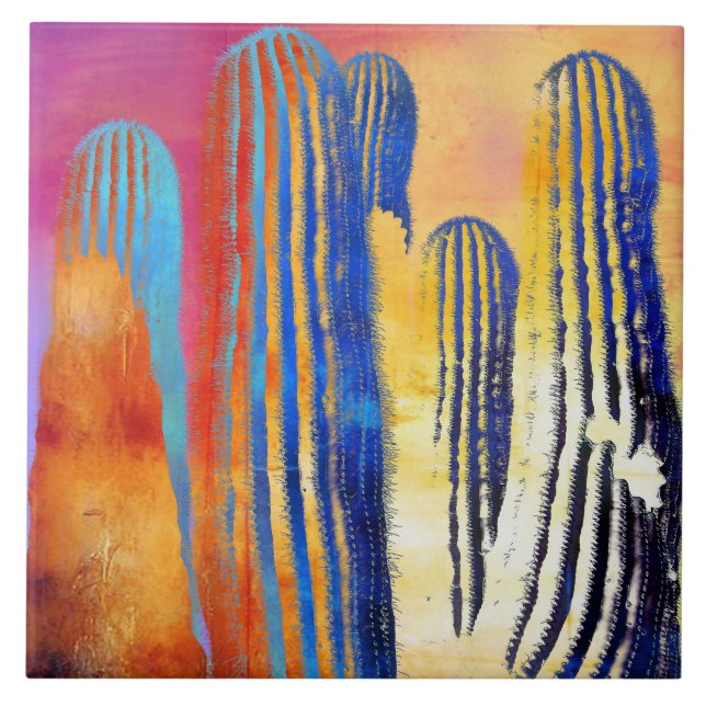 Saguaro Cactus Colourful Southwestern Desert Tile (Front)