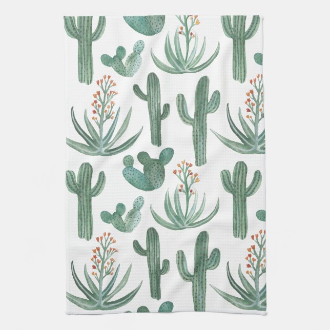 Saguaro Cactus Desert Aloe Pattern Watercolor Kitchen Towel (Vertical)