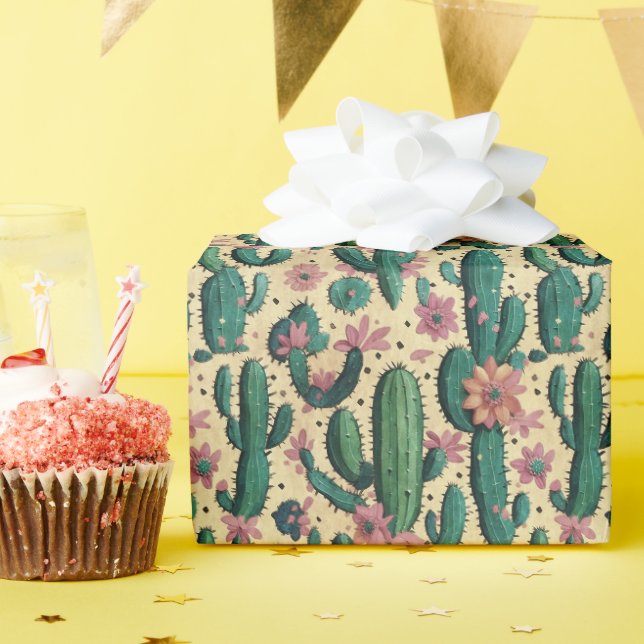 Saguaro Cactus Floral Seamless Pattern Wrapping Paper (Birthday Party)
