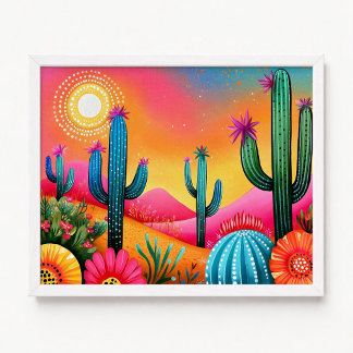 Saguaro Cactus Flowers Pink Orange Painting Poster