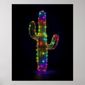 Saguaro cactus illuminated with Christmas lights Poster