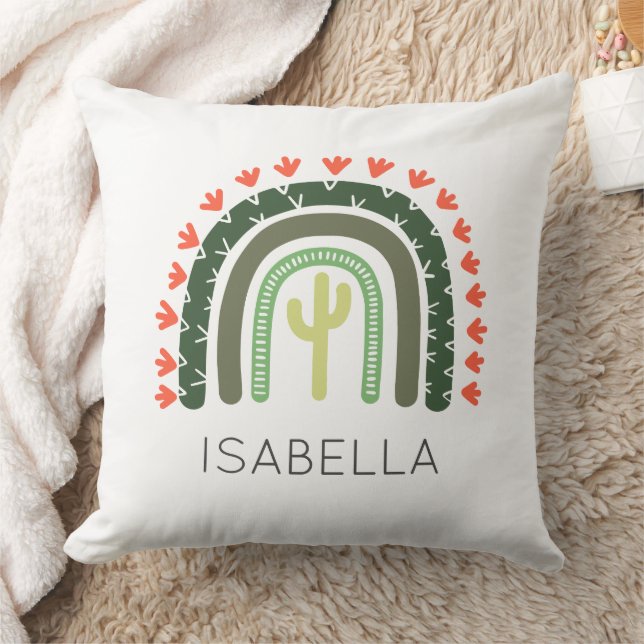 Saguaro Cactus NAME Orange Green Modern Desert Art Throw Pillow (Blanket)