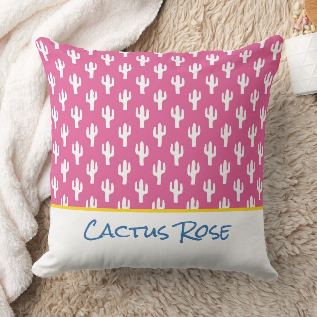 Saguaro Cactus Pattern Modern Desert NAME Pink Throw Pillow (Blanket)