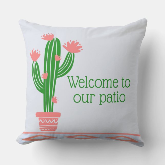 Saguaro Cactus Pink Bloom, Welcome to our Patio Outdoor Pillow (Front)