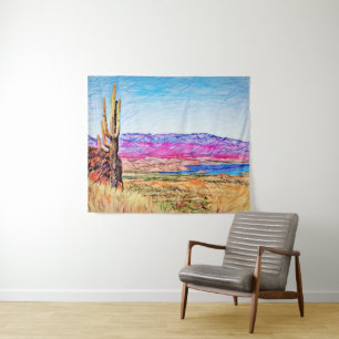 Saguaro Cactus Purple Mountians Blue Lake Arizona Tapestry